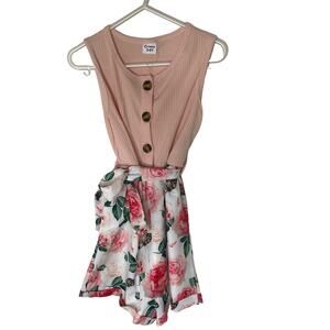 Amazon Pink Floral Romper Girls size 5/6 Color Block Summer Belted Romper